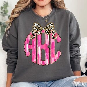 Charcoal Sweater with Pink Monogram and Leopard Bow